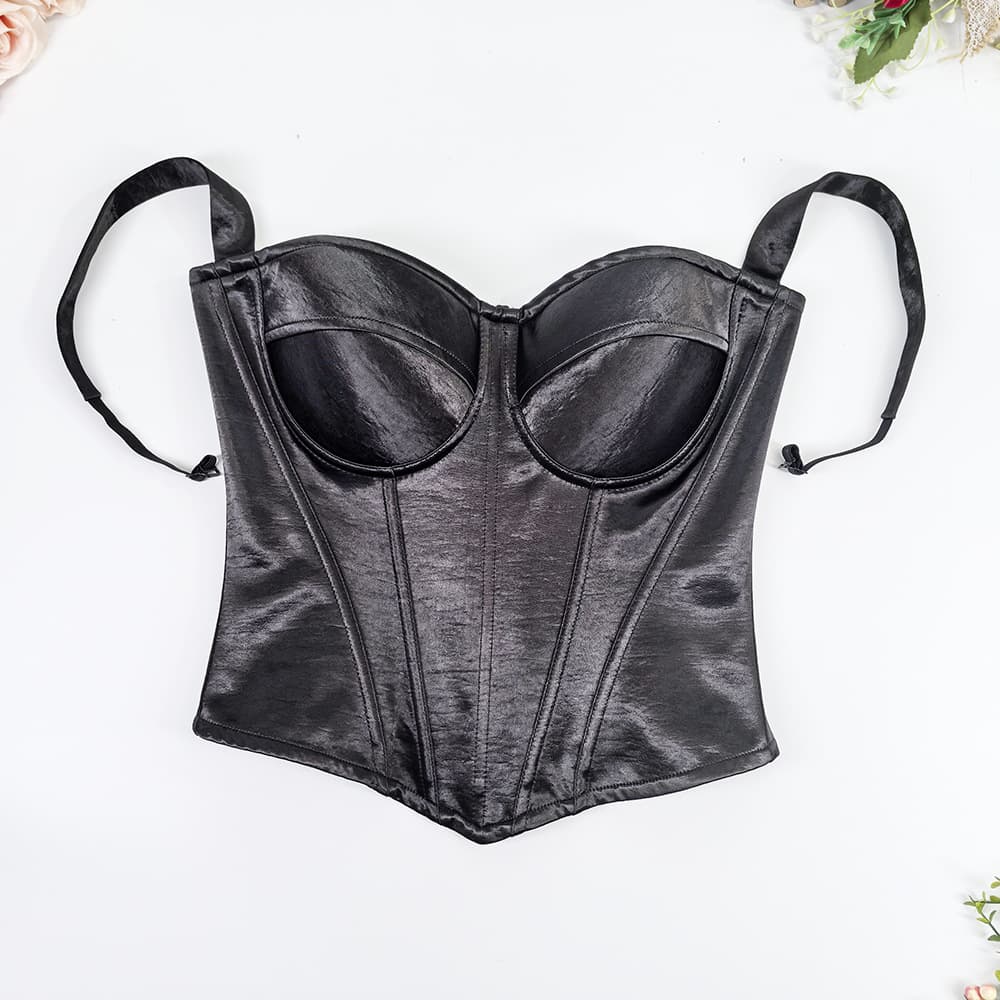 Acetate Satin Camisole Bustier Inner Wear, Nordic Style Push-Up Backless Corset with Side Boob Shaping and Boning