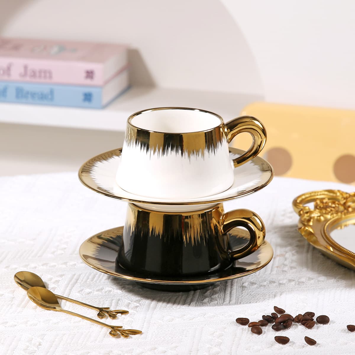 Creative Leaf-Shaped Dessert Spoon Coffee Cup Stainless Steel Fruit Fork Ice Cream Spoon Fork Ceramic Set for Home