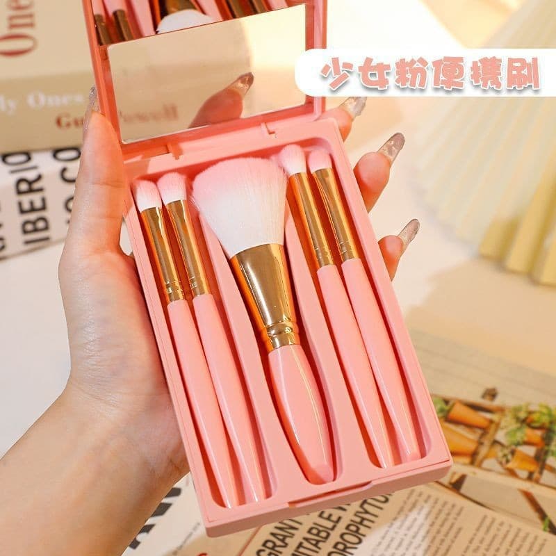5Pcs Mirror Case Makeup Brush Set Window with Mirror Portable Travel Powder Eye Shadow Blush