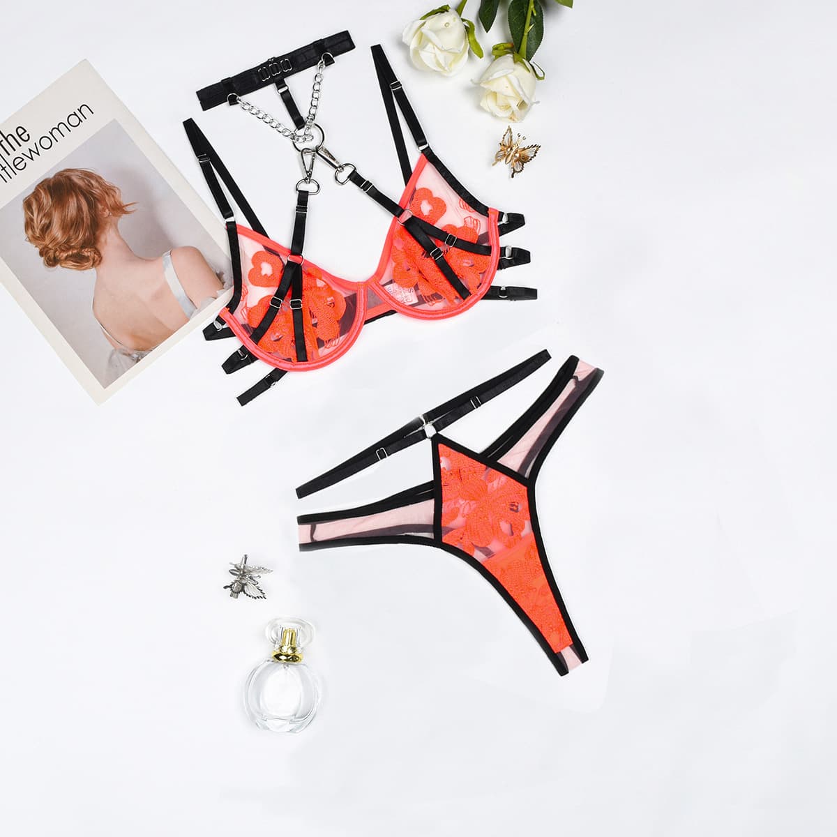 Foreign Trade Cross-Border Detachable Two-Wear Body-Shaping Bra Set Embroidered Splicing Sexy Underwear Female Flirting Tight Witch