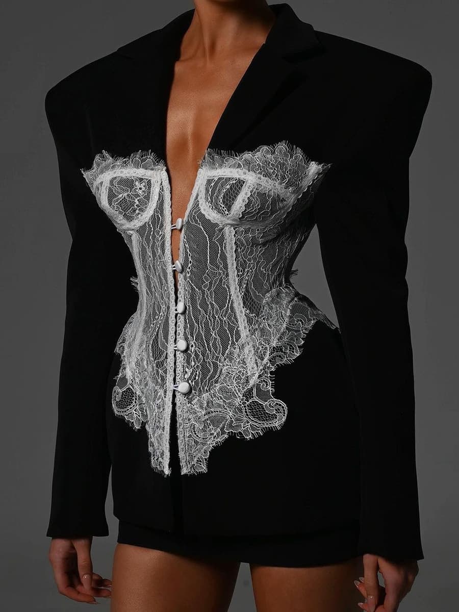 High-End Lace Panel Corset Blazer 2026 Summer New V-Neck Long Sleeve Solid Color Jacket for Women