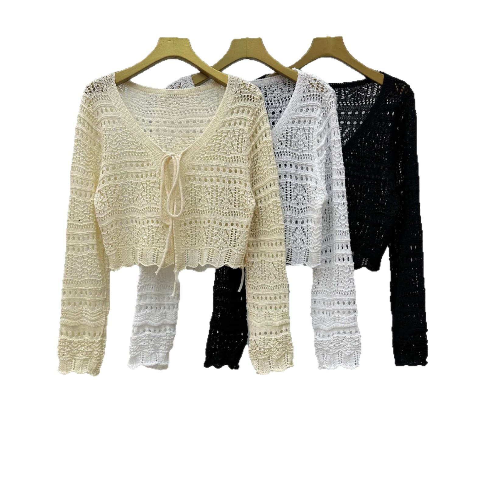 Korean Soft Mesh Knit Jacket Women Short V-Neck Lace-Up Air Conditioning Cardigan Long Sleeve Sun Protection