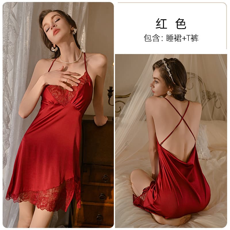 Meishilan Women's Sling Nightgown Sexy Solid Color Pajamas Thin Ice Silk V-Neck with Chest Pad Hollow Lace 320