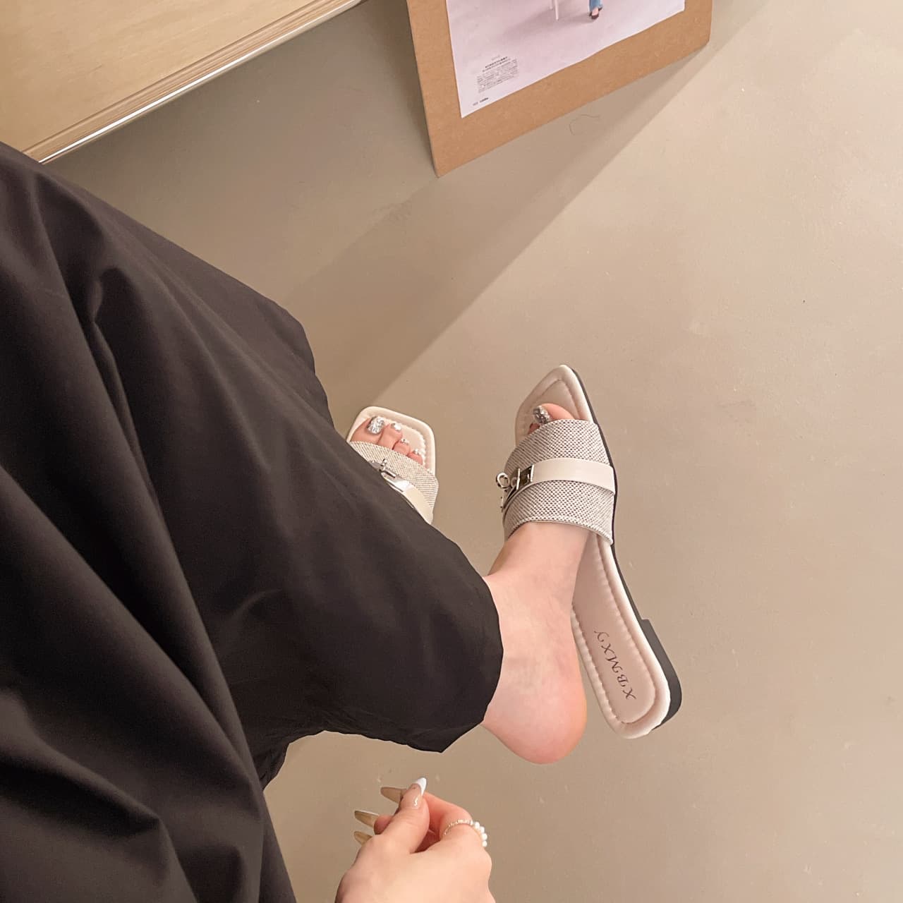 Niche Flat One-Strap Slide Sandals for Women 2026 Spring-Summer French Fashion Denim Square-Toe Outdoor Beach Sandals