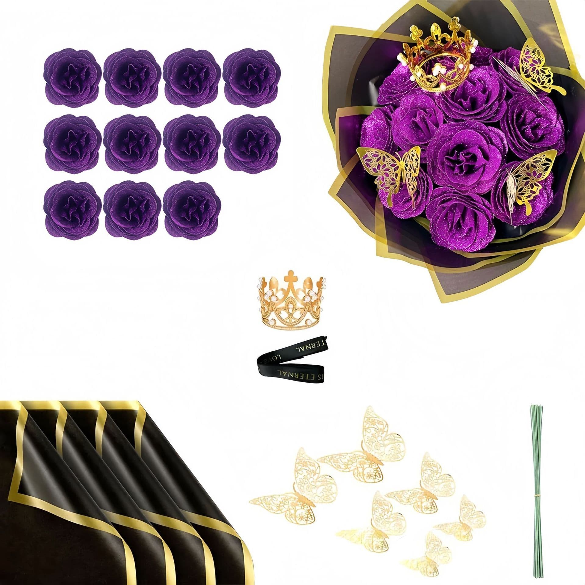 New Butterfly Crown 24-Piece Glitter Rose Gold Powder Bouquet Artificial Roses DIY Wrapping Paper Valentine's Day Gift