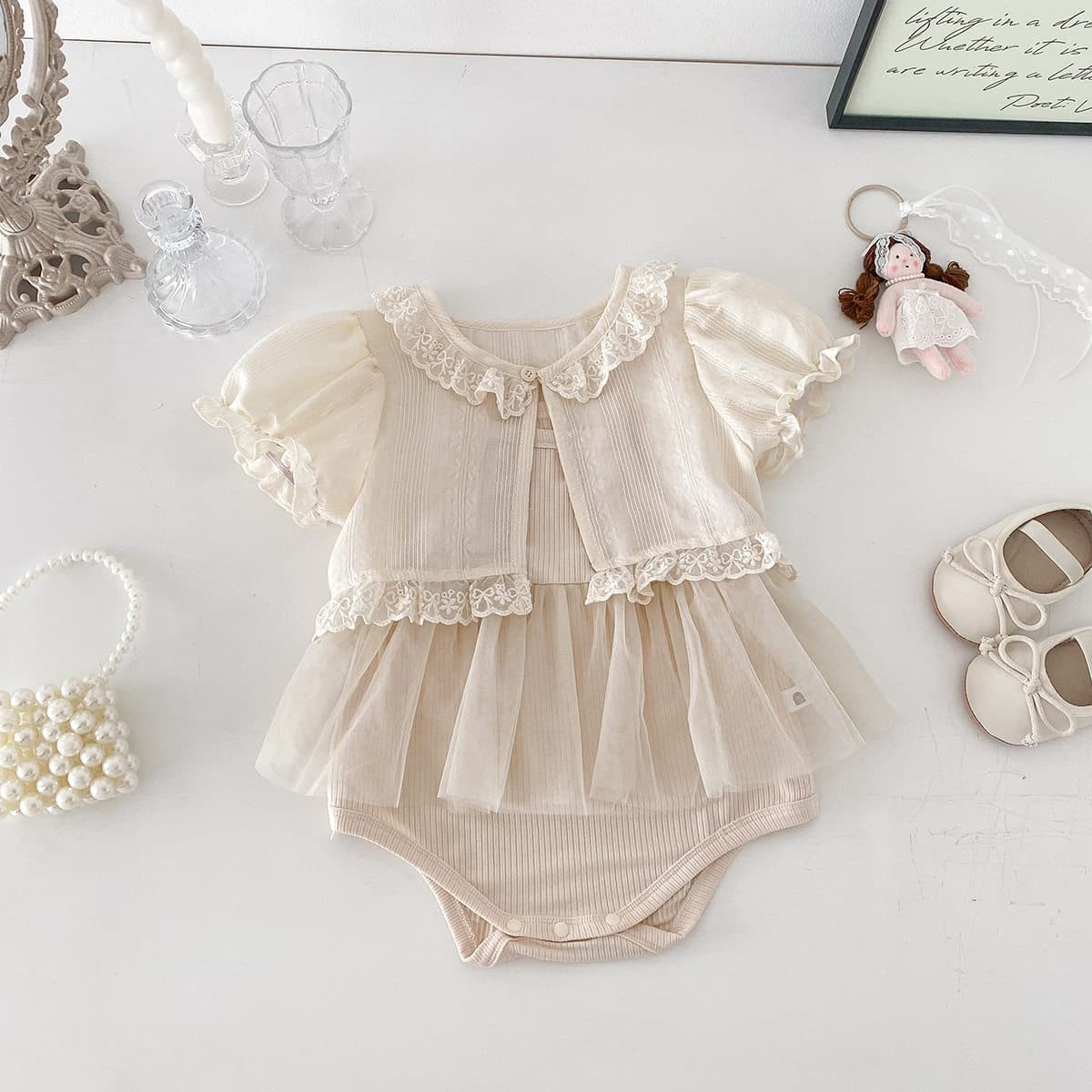 Girl Unique Pretty Little Set Summer Baby Lace Short Sleeve Strapless Bodysuit Romper Two-Piece