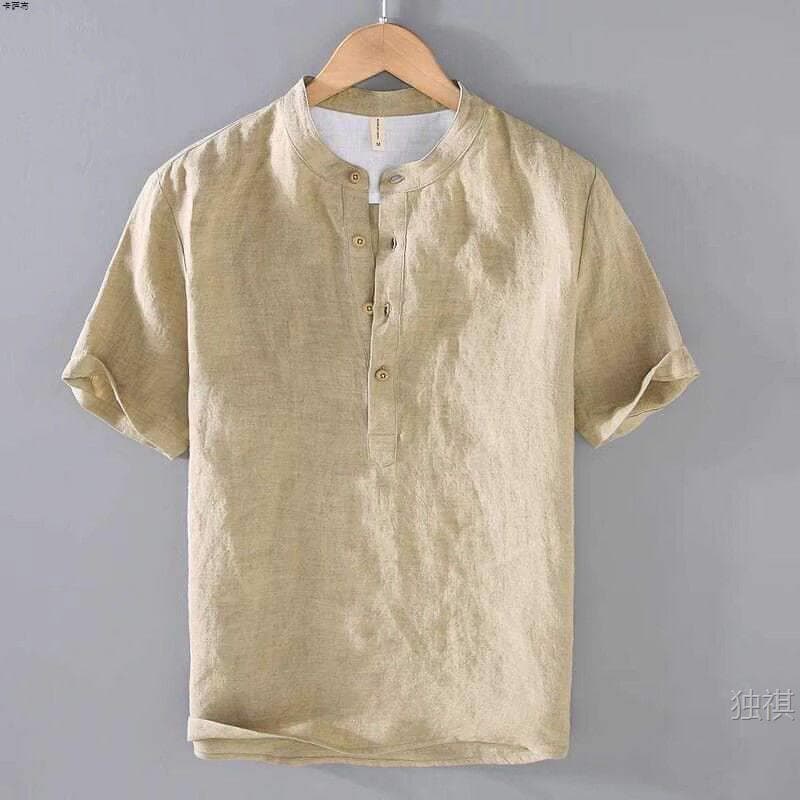 Solid Color Linen Stand Collar Short Sleeve Shirt Men's Workwear Summer New Simple Cotton Linen Fashion Youth Casual Shirt