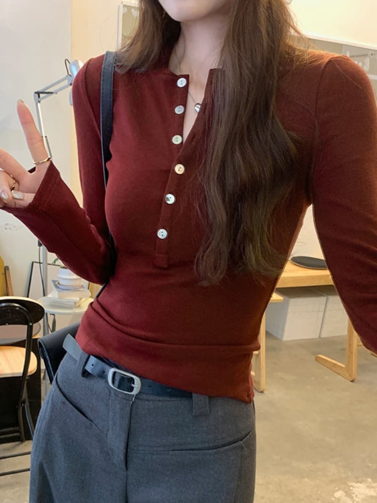 One-piece dropshipping autumn/winter Henley collar button-down inner base layer women's mousse faux cashmere slim-fit long-sleeved T-shirt