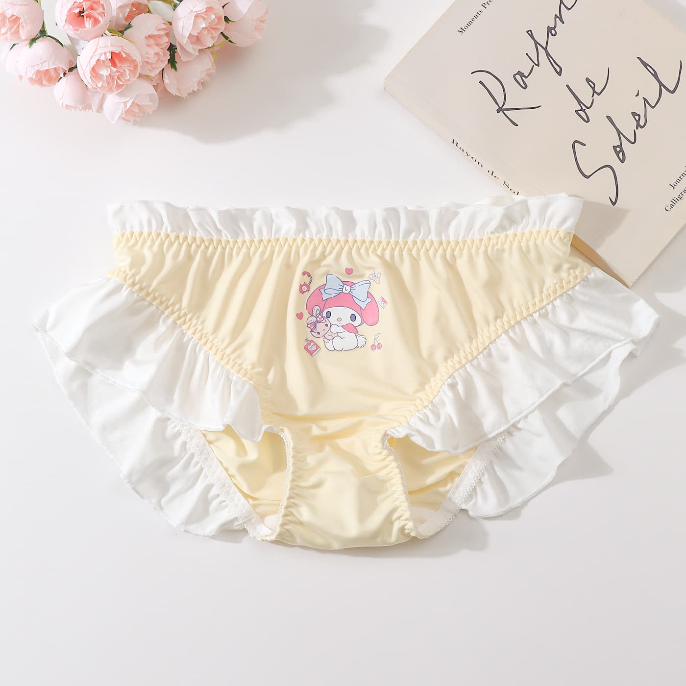 Japanese Cute Girl Dopamine Color Cartoon Print Ruffled Milk Silk Women's Panties Wholesale