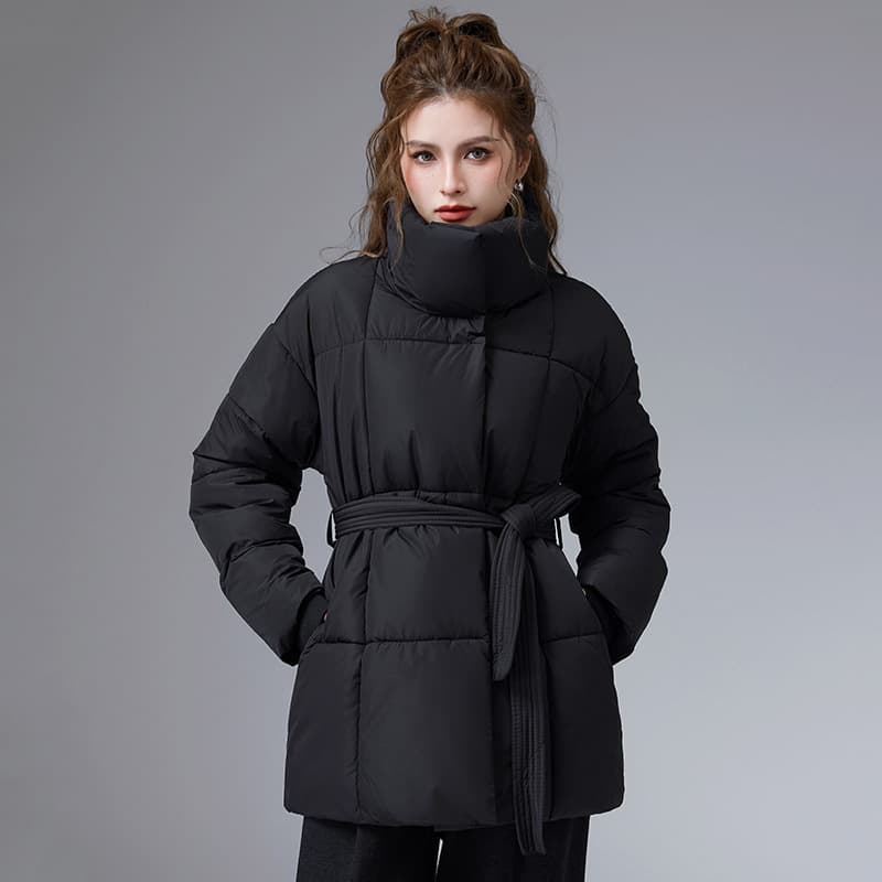 Free Shipping Winter New Cotton Jacket with Stand Collar and Belt, Slimming Loose Fit Versatile Cotton Coat, Fashionable Korean Style Cotton Outerwear for Women