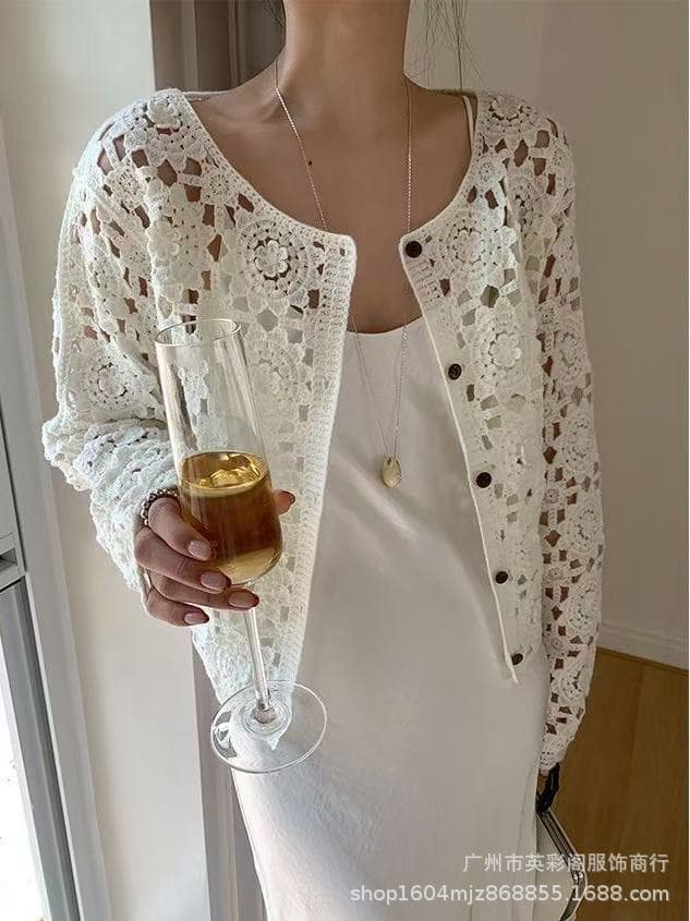 French Retro Crochet Hollow Solid Cardigan Women Early Autumn New Turn-Down Collar Slim Top