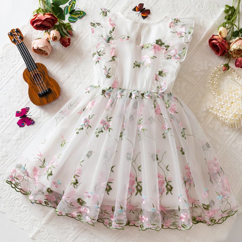 2026 Summer New Girls' Dress: Cute Bow and Flower Embroidery Mesh Princess Dress, Sweet Fairy Dress