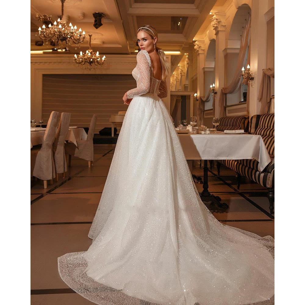 French Long Sleeve Light Wedding Dress Silver Spray Dot Tail Slim Perspective Square Neck Wedding Dress Entity Factory Support Generation
