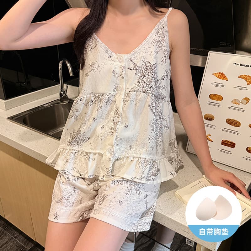 2025 Summer New Women's Pajamas Cloud Cotton Lace Trim Padded Camisole and Shorts Sweet Set Factory