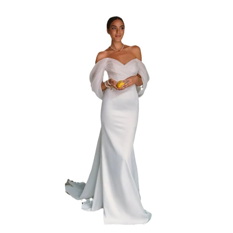 White Satin Off-Shoulder Mermaid Wedding Dress 2026 Simple Slim Fit Flattering Bride's Trailing Gown