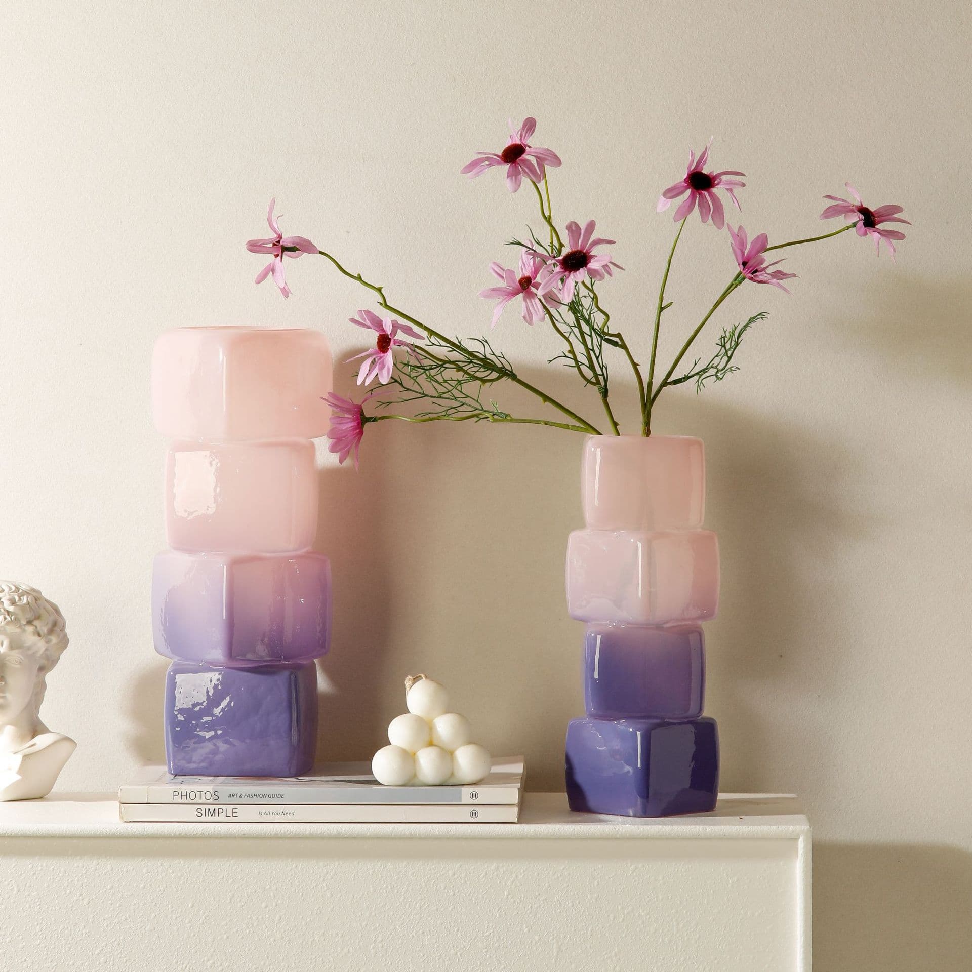 Colorful Staggered Square Glass Vase Creative Geometric Home Decor for Living Room Dining Table Decoration Flower Arrangement Water-Cultivation Flower Vessel