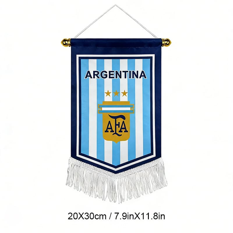 Customized World Cup fan merchandise, including small football club pennants, team exchange flags, decorative satin hanging flags.