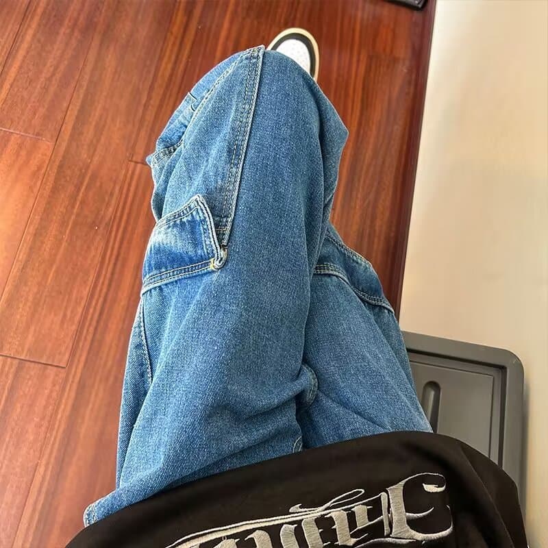 Spring Fall Multi Pocket Work Jeans Men Washed Streetwear Straight Leg Casual Pants Wear-Resistant Work Pants Versatile