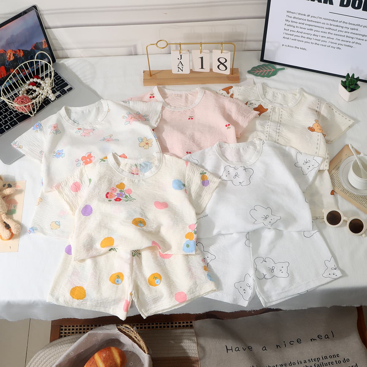 Summer Cartoon Kids Short Sleeve Shorts Set, Boys Girls Pajamas, Air Conditioning Wear
