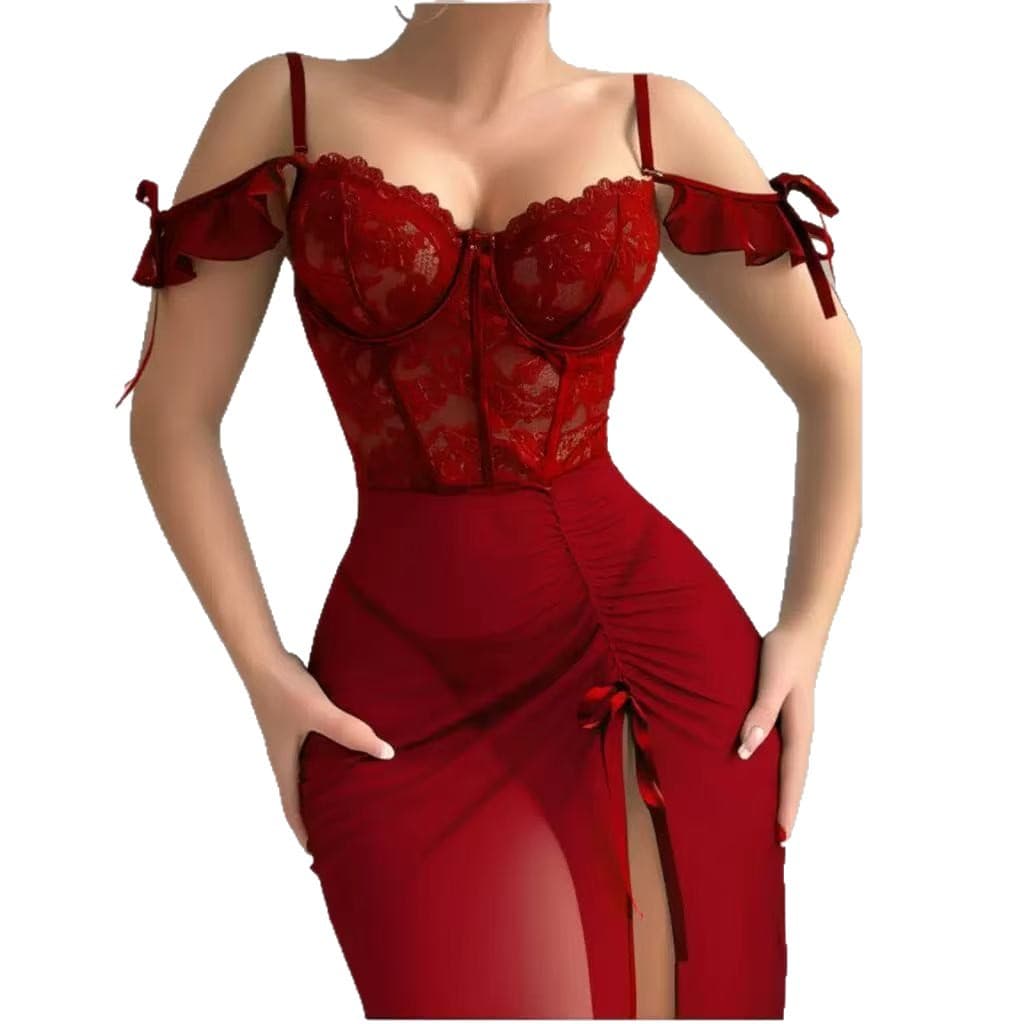 European and American style long sexy embroidered mesh patchwork slit see-through lingerie nightgown, cross-border 2025 women's off-shoulder