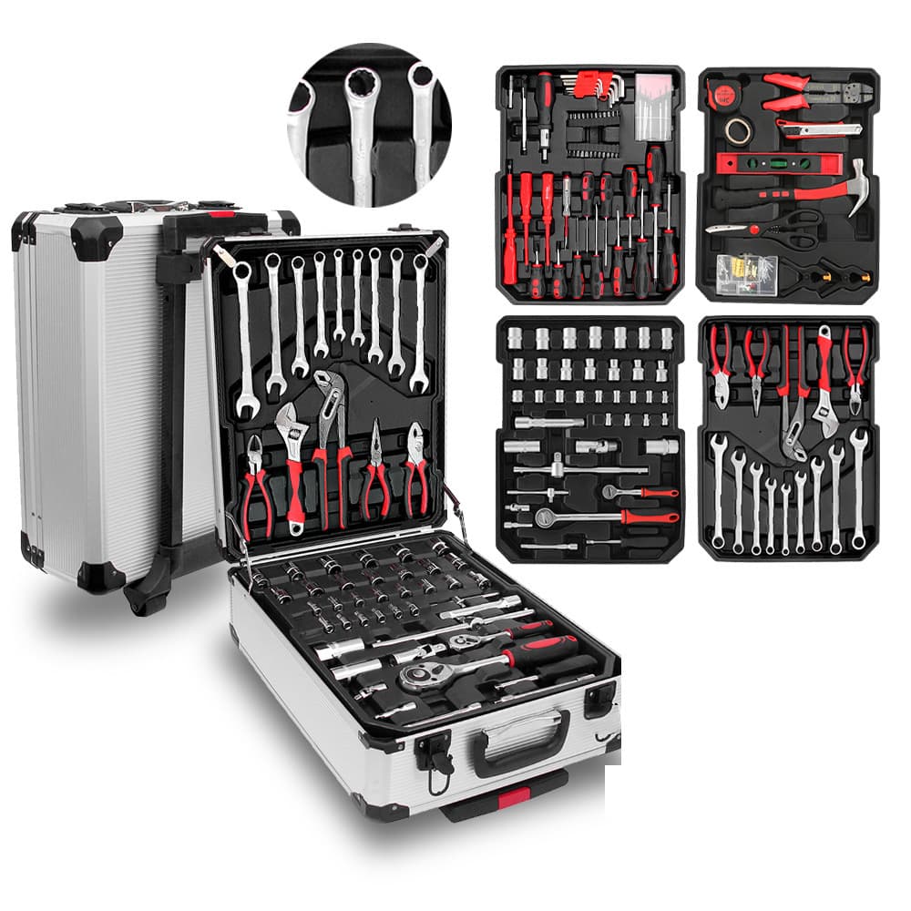 187-piece tool set, including adjustable wrench, suitcase case for easy portability.