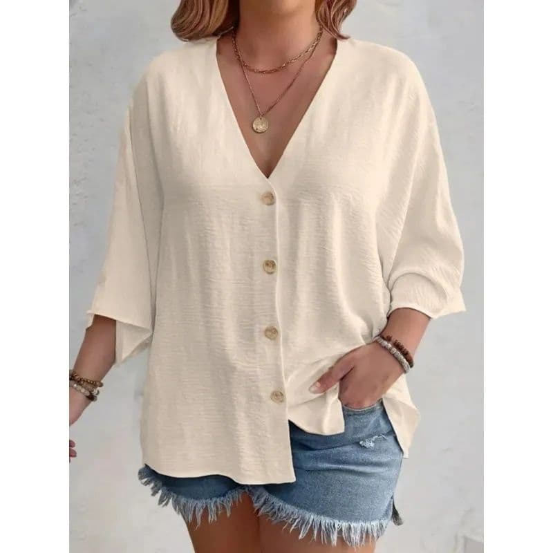 2026 EU-US AliExpress Cross-border Women's Summer Plus Size V-neck Button T-shirt Casual Cardigan Loose Cotton Linen Top