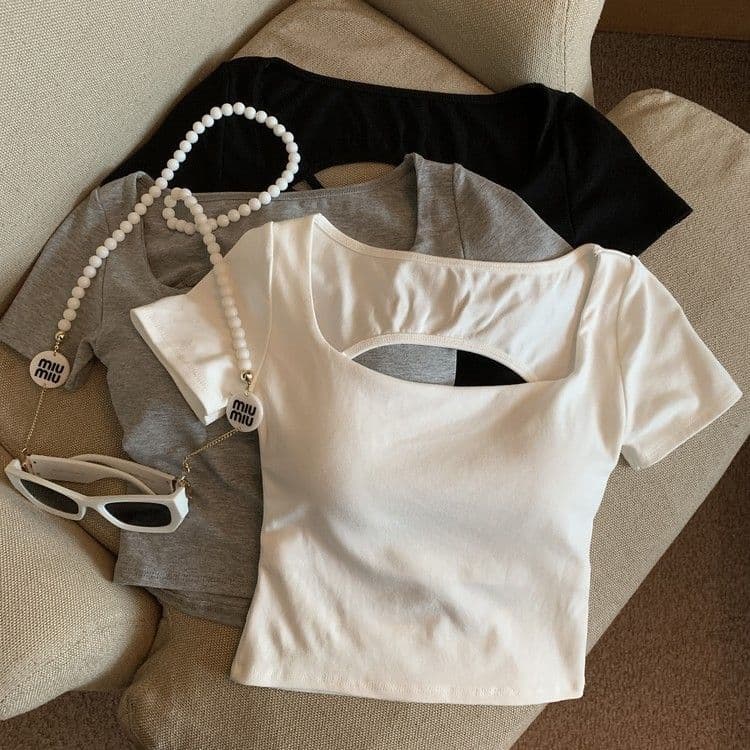 US Cutout Cross Back Short Sleeve T-Shirt Women Summer Inner Spicy Square Neck with Padded Crop Top