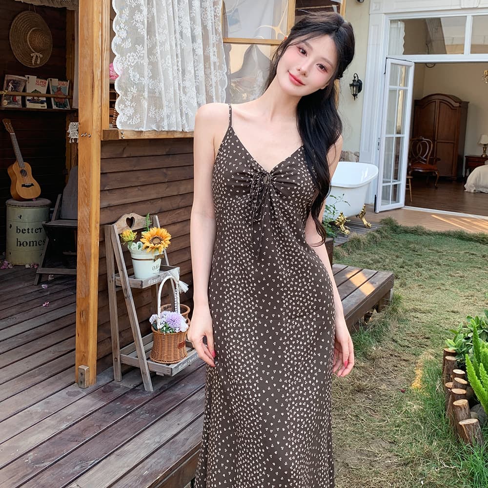 French Sexy Strap Cotton Silk Nightgown Women Summer Printed Slimming Dress Waist-Cinching Elegant Lyocell Sleepwear