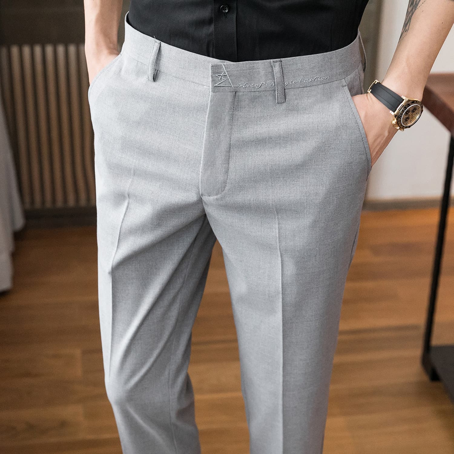 2026 Spring/Summer New Korean Style Slim Fit Cropped Elastic Business Casual Trousers for Men - Wrinkle-Free Long Trousers