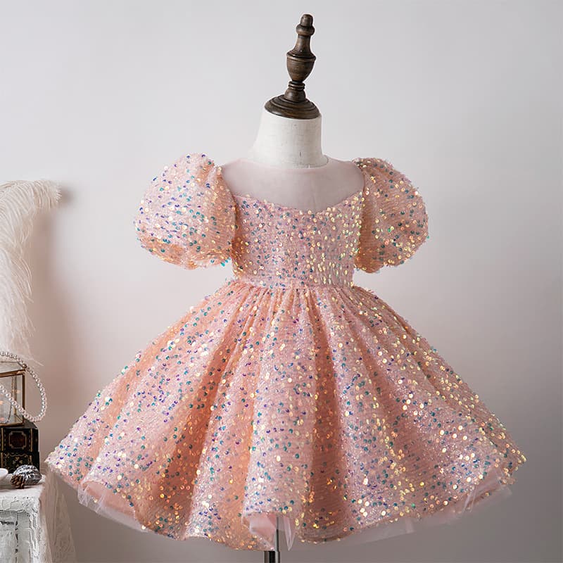 Blue Sequined Children's Dress Girls Princess Gown Birthday Toddler Runway Host Piano Performance Costume