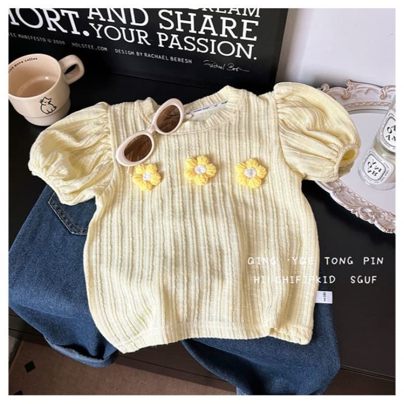 New A-type puff sleeve short-sleeved fleece top for children, Korean style, thin.