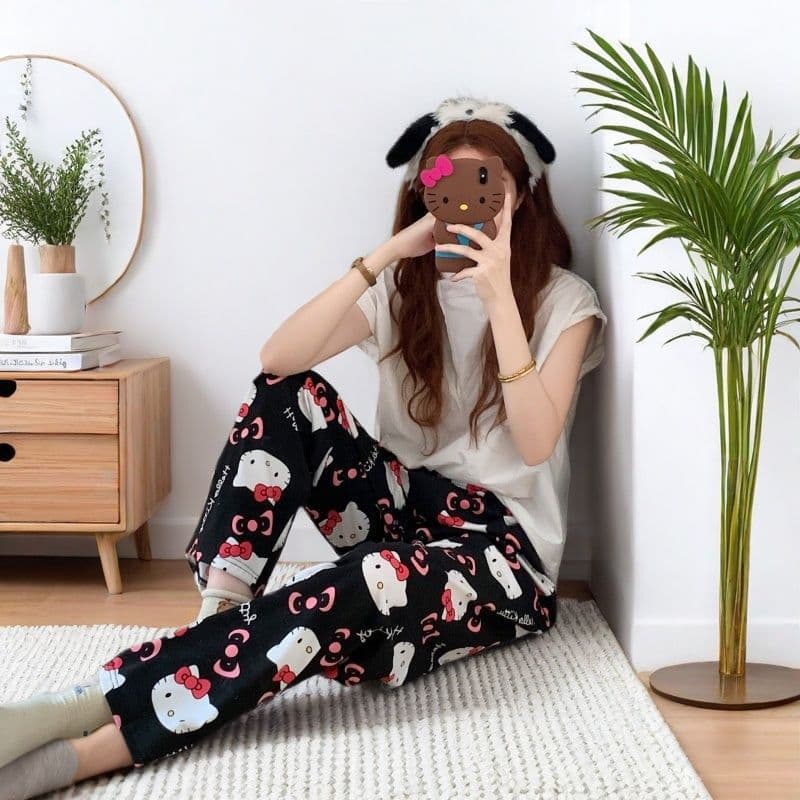 Cartoon Cat Thin Sleep Pants for Women, Spring Summer Korean Style Lounge Pants, Wear Out