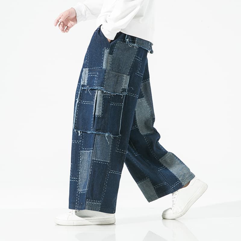 2025 Spring Autumn American Vintage Patchwork Denim Jeans for Men Trendy Loose Straight Wide Leg Cargo Pants Casual