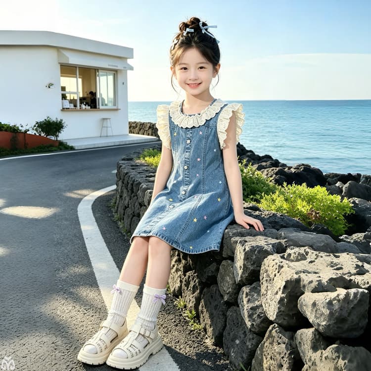 Middle and Big Girl 2026 New Stylish Dress, Summer Thin Lace Flutter Sleeve Princess Dress, Girls Sweet Denim Dress