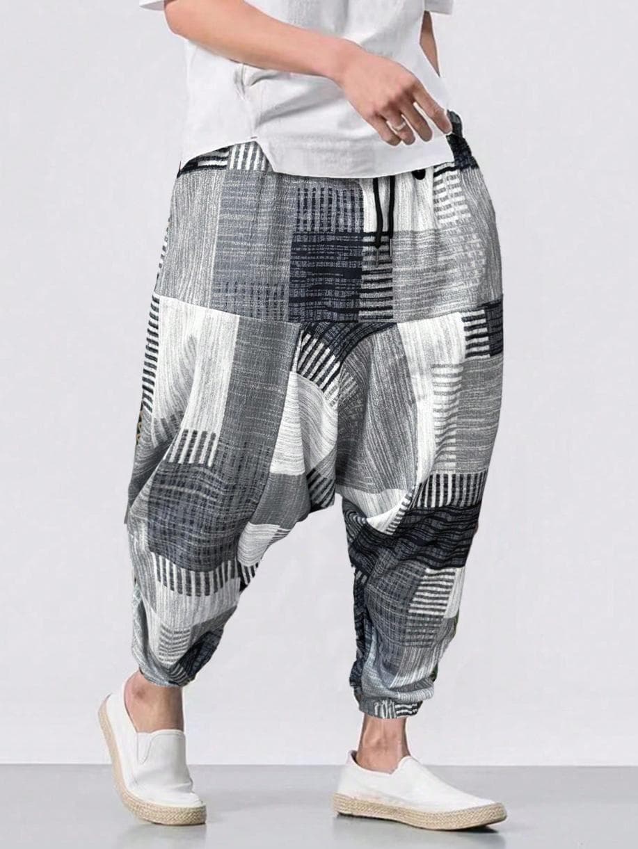 2026 New European and American Style Men's Printed Patchwork Harem Pants, Loose Casual Cropped Pants, Ethnic Style Trendy Long Pants