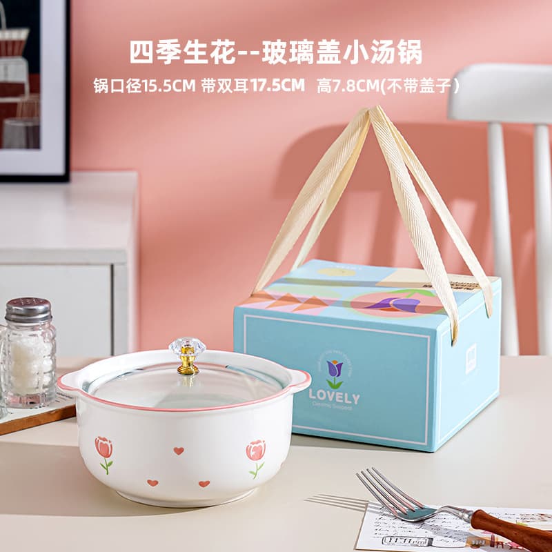 Tulip-shaped double-eared soup bowl, large capacity, glass lid, ceramic soup bowl, ramen bowl, gift box, wholesale, logo printing.