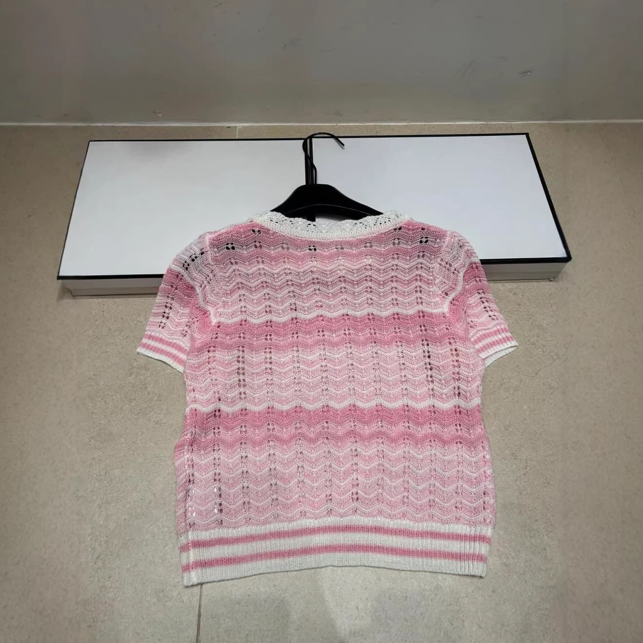 2026 Summer New Style Knitted Logo Pink Wave Short-Sleeve Pullover Loose Versatile Women's Top Trendy Item