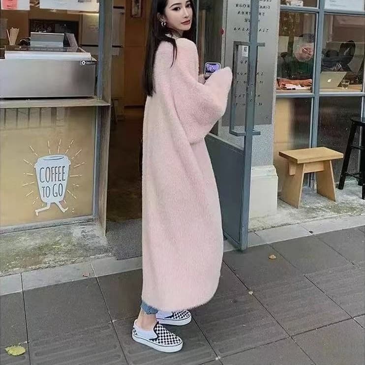 Cross-border Faux Mohair Sweater Coat for Women Autumn Winter New Soft Knit Top Loose Fluffy Long Cardigan