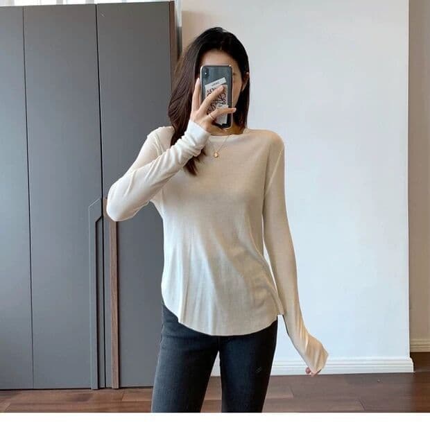 Nuojiji face mask base layer long-sleeved t-shirt women's autumn loose slimming off-shoulder layered patchwork minimalist top