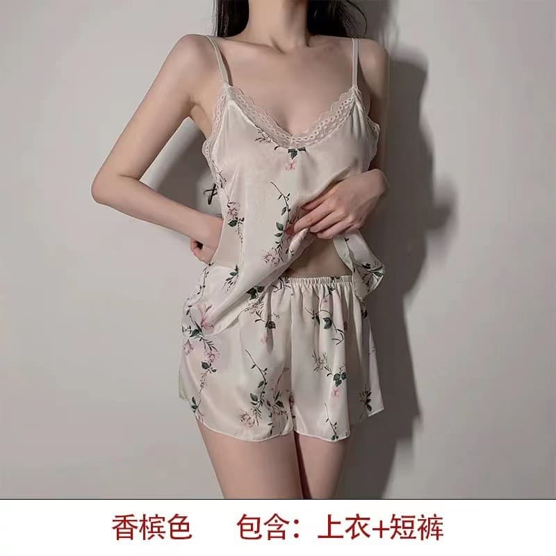 Sexy Women Summer Ice Silk Camisole Pajama Shorts Set Thin Student Loungewear Wholesale