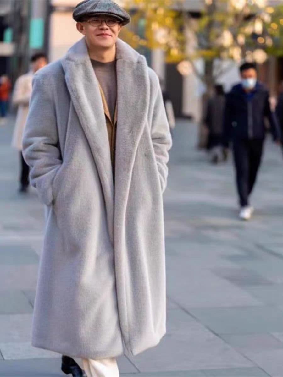 Men's autumn and winter fleece-lined warm eco-friendly faux fur coat, plus size, over-the-knee loose fleece jacket, leather coat, trench coat, trendy