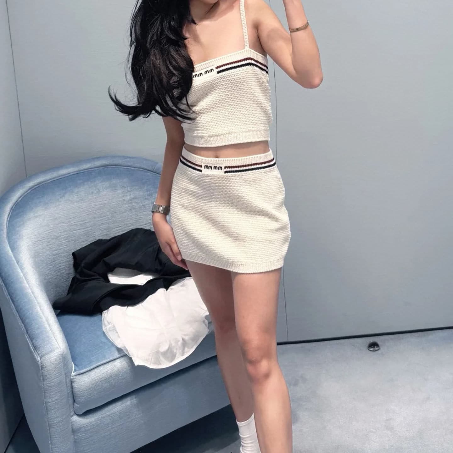 26 Stock Youthful Hot Girl Style Knit Cotton White Letter Embroidery Contrast Trim Tank Top and Mini Skirt Set