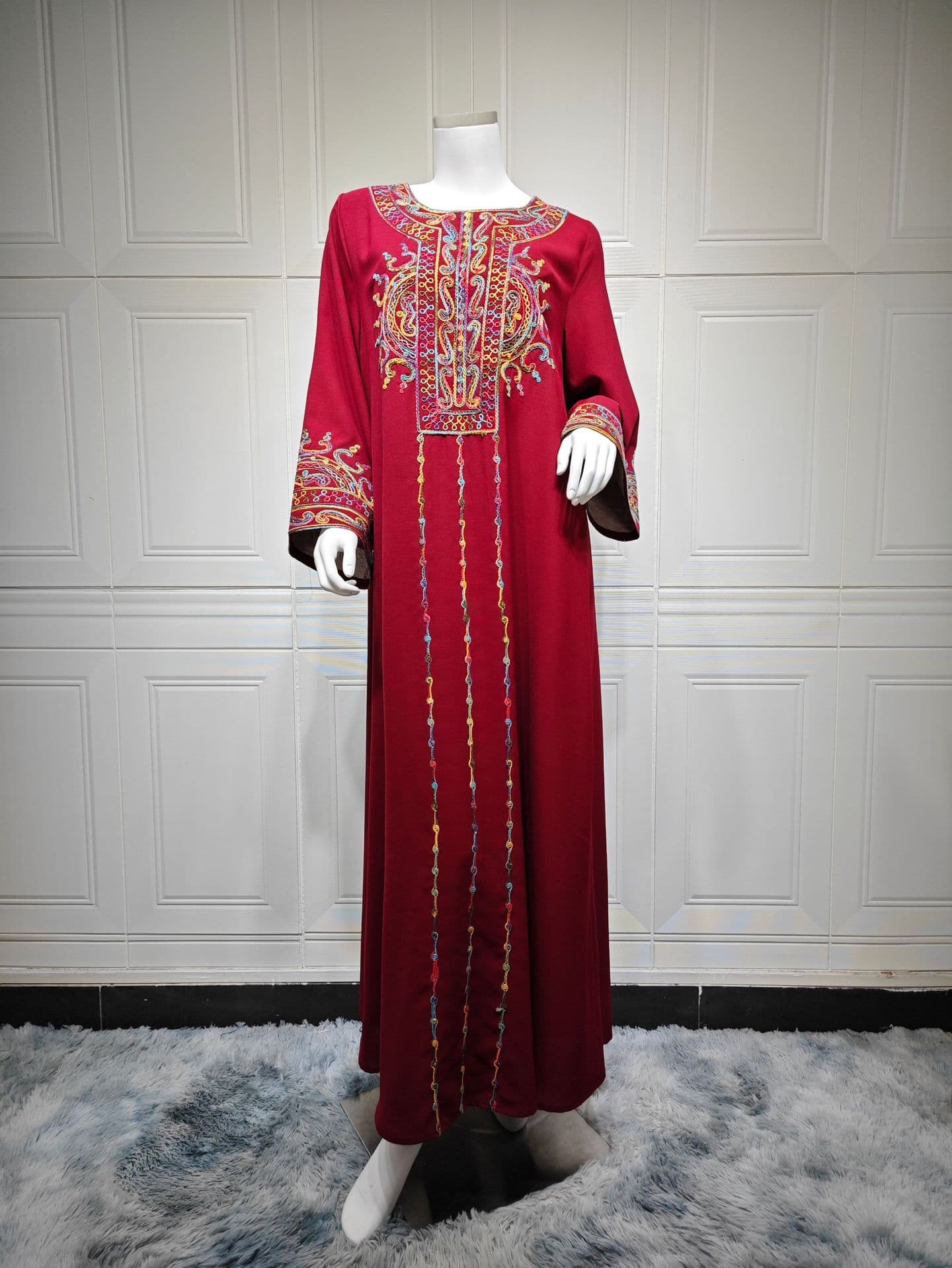 AB461 2025 Cross-Border Fashion New Long Dress Embroidered Long Sleeve Ice Silk Crepe Pullover Dress