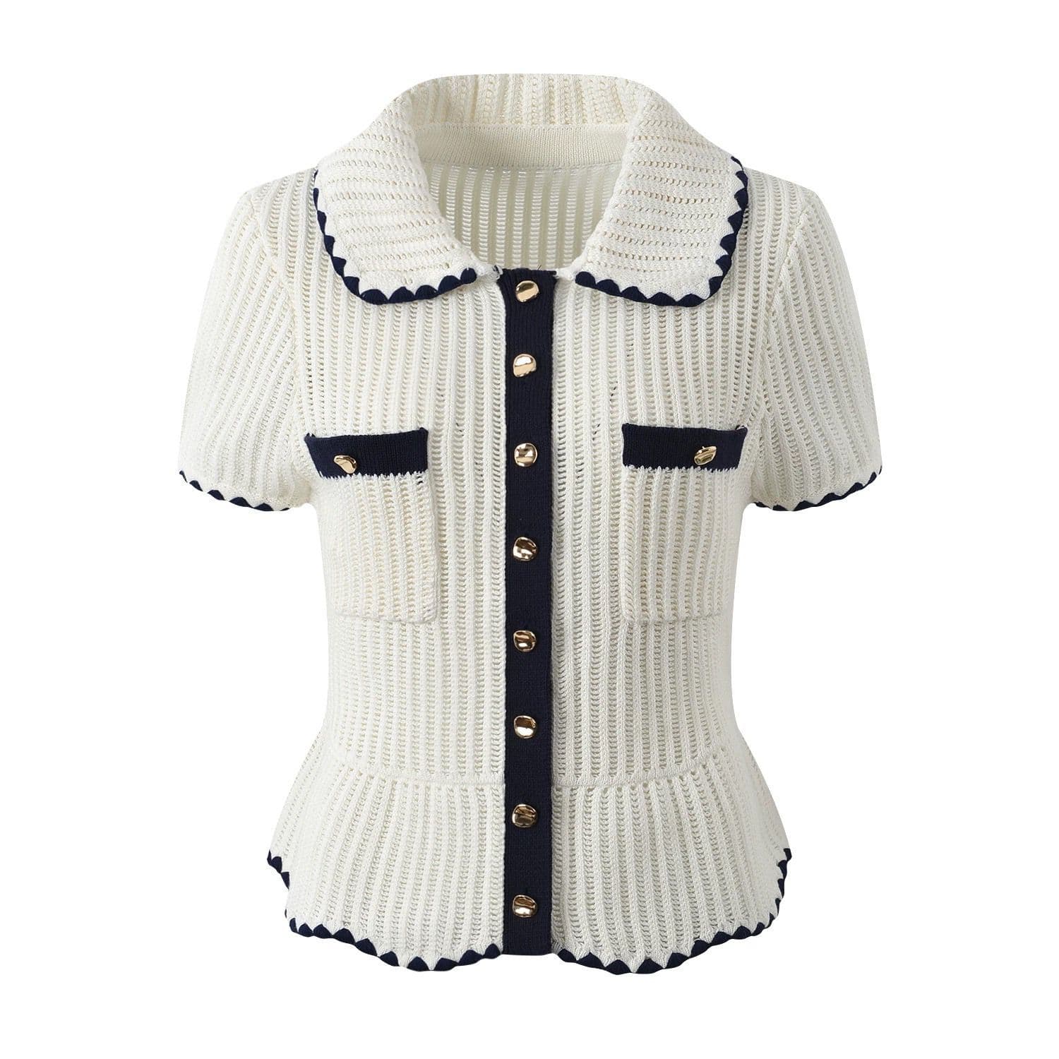2026 Early Spring New Design Contrast Color Ruffle Lapel Single-Breasted Elegant Short-Sleeve Knit Top