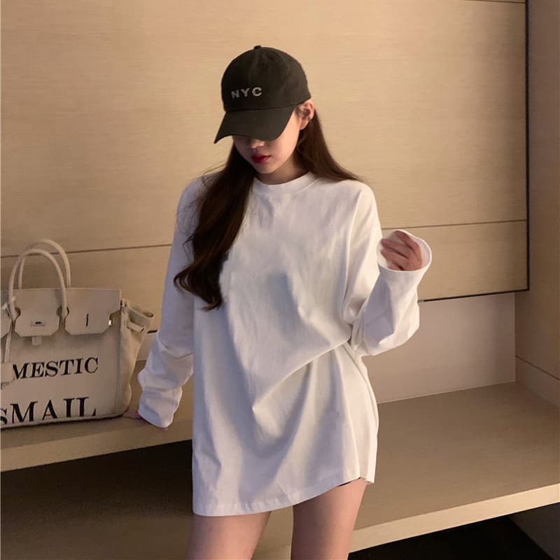 Cotton Korean Style White Long Sleeve T-Shirt for Women Fall Loose Fit Top