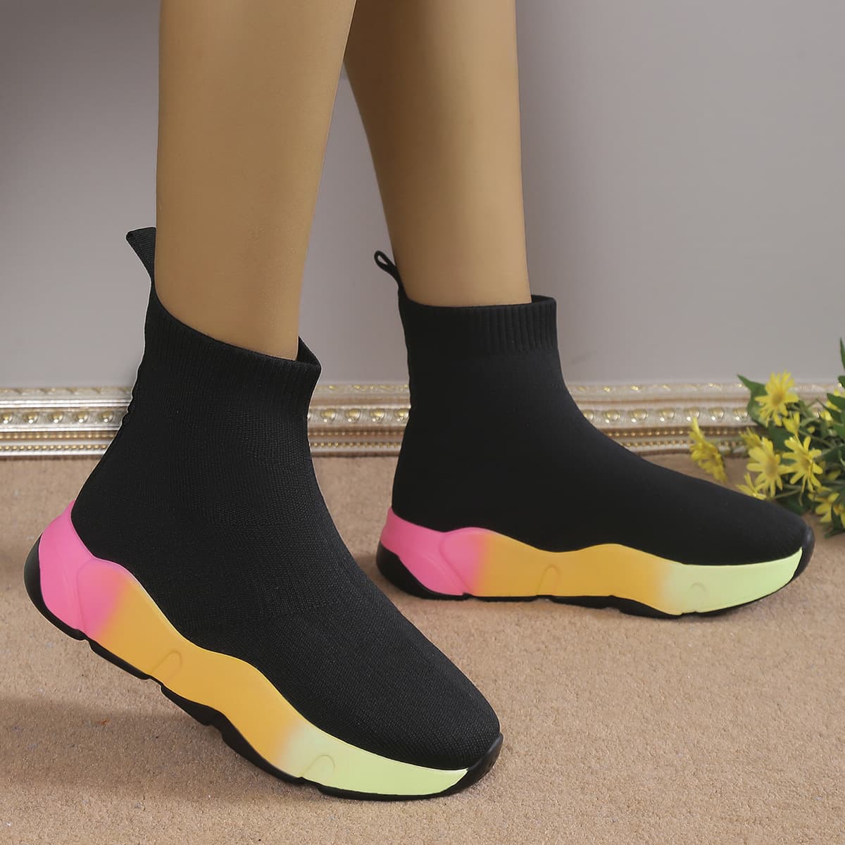2024 Spring New European and American Thick Bottom Flying Woven Breathable Short Socks Boots Women's Foreign Trade Large Size Casual Fashion Boots