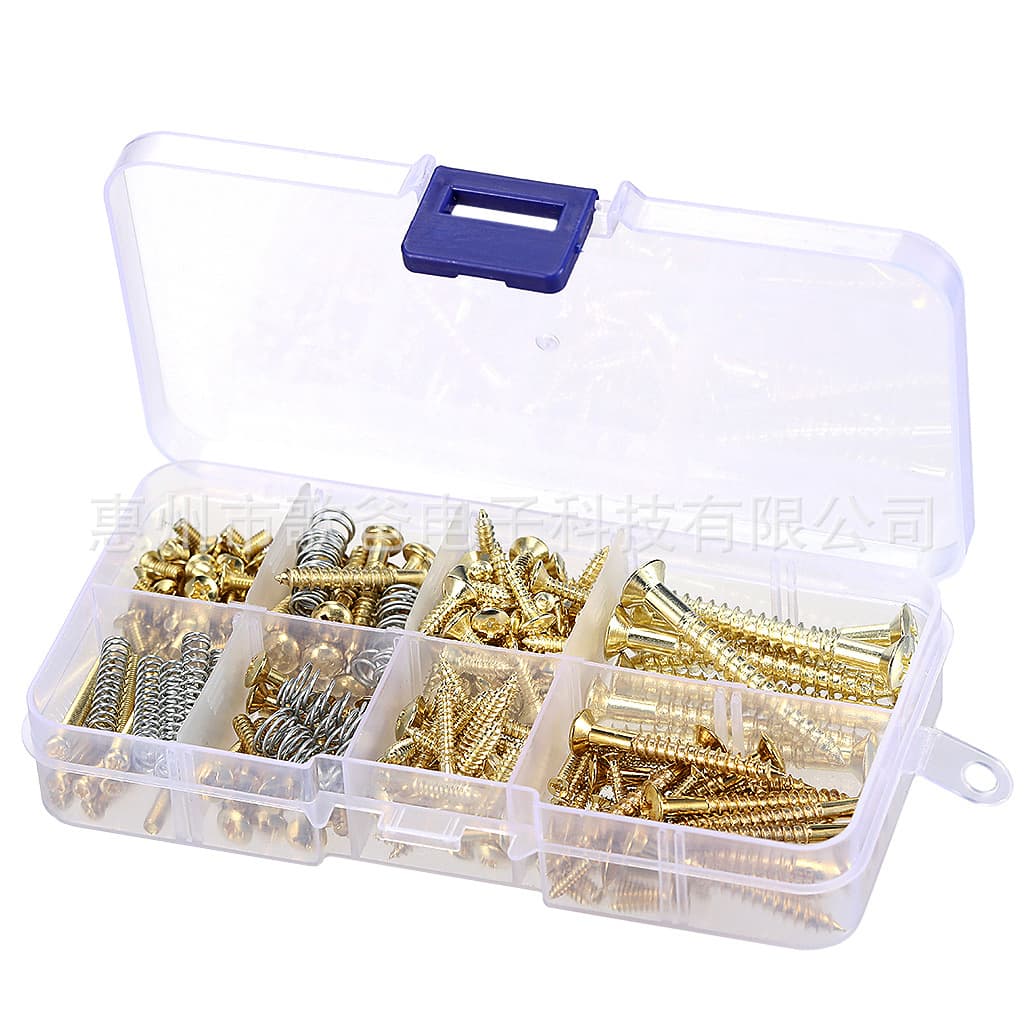 Musical instrument accessories: Guitar screws (black/silver/gold), silver springs, and other accessories, boxed.