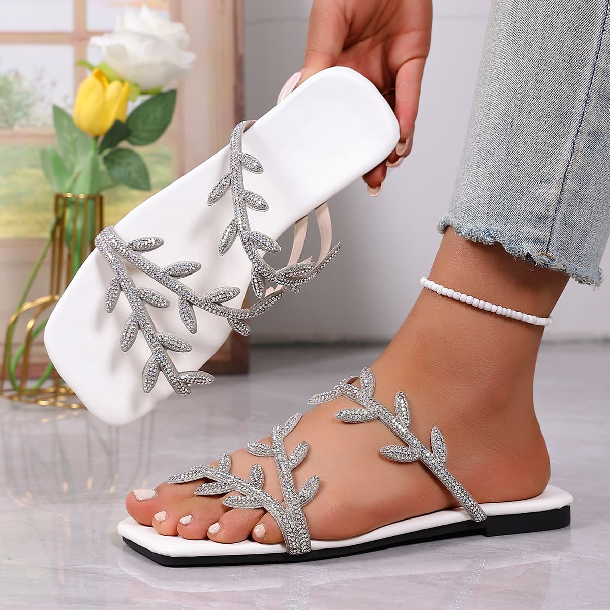 2026 New Style Square-Toe Rhinestone Slip-On Sandals for Outdoor Wear, Summer Large Size Flat European and American Beach Slippers for Women Wholesale