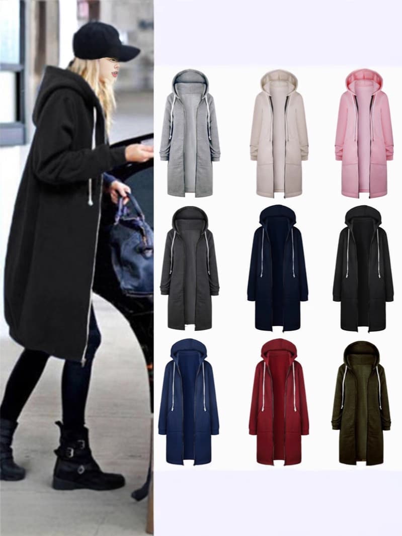 2022 Fall/Winter Amazon Best Seller Women's Mid-Length Fleece-Lined Hooded Trench Coat/Sweatshirt with Patch Pockets