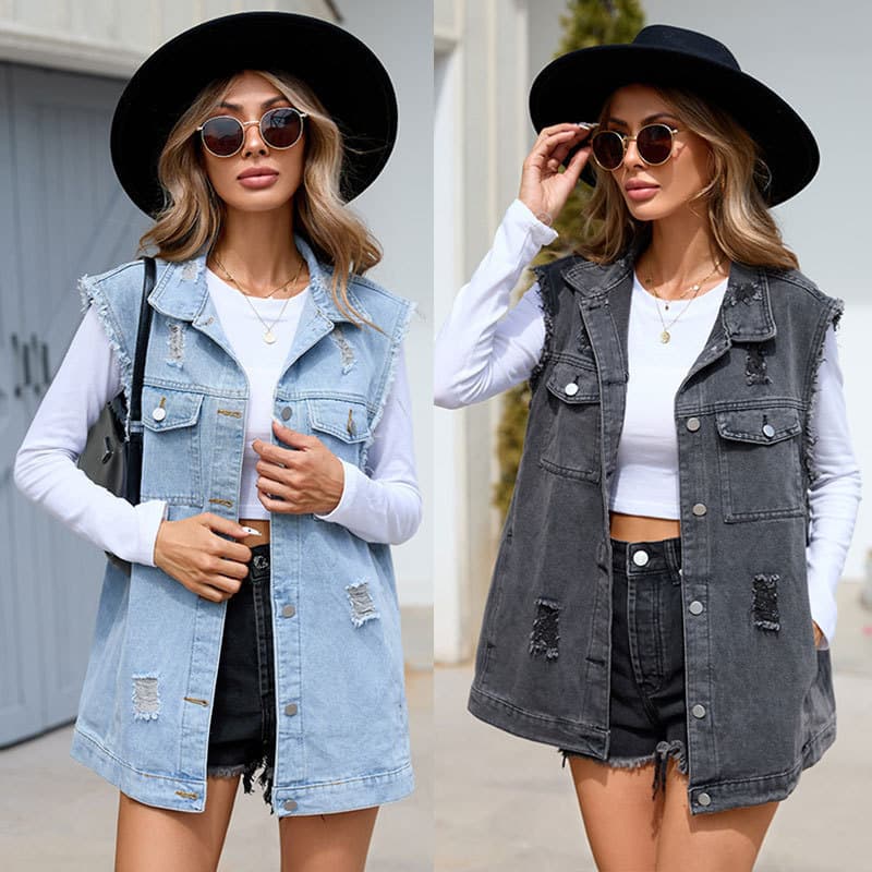 Trendy Ripped Denim Vest Women Mid Length Loose Casual Sleeveless Korean